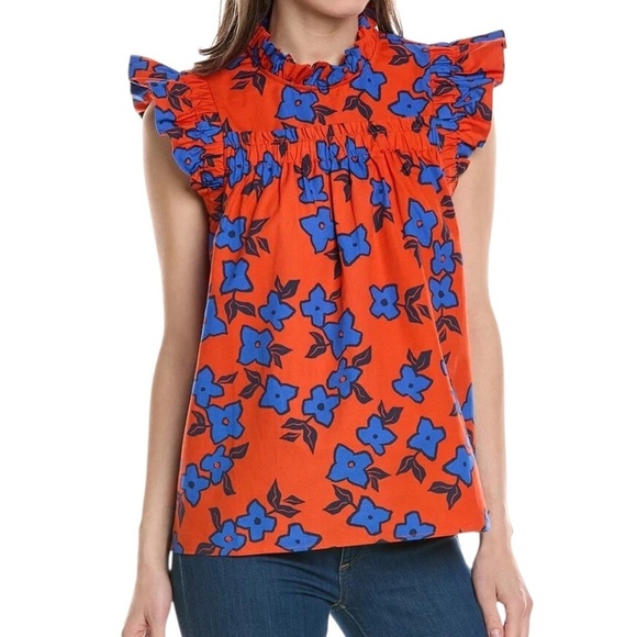 Tyler Boe Tops - Tyler Boe Womens Eloise Linen-Blend Top Floral Flutter Sleeve Orange and Blue S